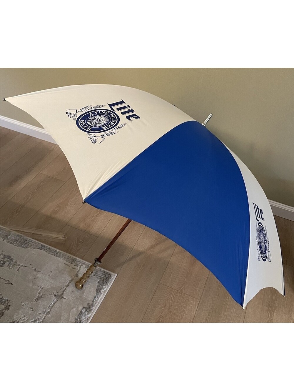 Large Vintage Miller Lite Umbrella Blue & White Wooden Handle